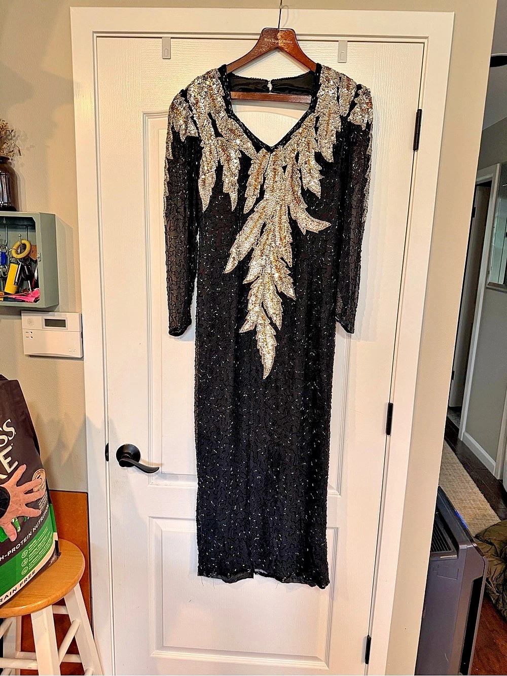 Lillie Rubin Vintage Sequin Embellished Maxi Dress in Black & Gold Size Medium